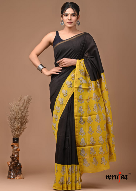 Chavi - Chanderi Cotton Silk Saree- Black and Yellow