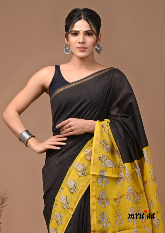 Chavi - Chanderi Cotton Silk Saree- Black and Yellow