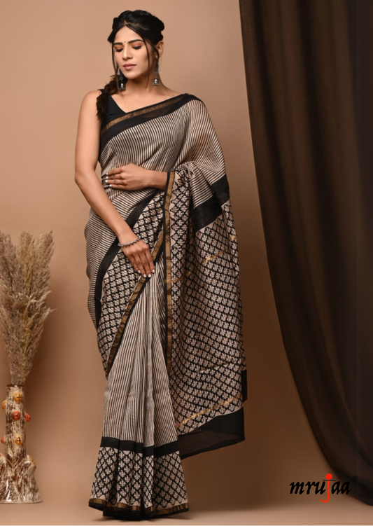 Chavi - Chanderi Cotton Silk Saree- Black and White Stripe