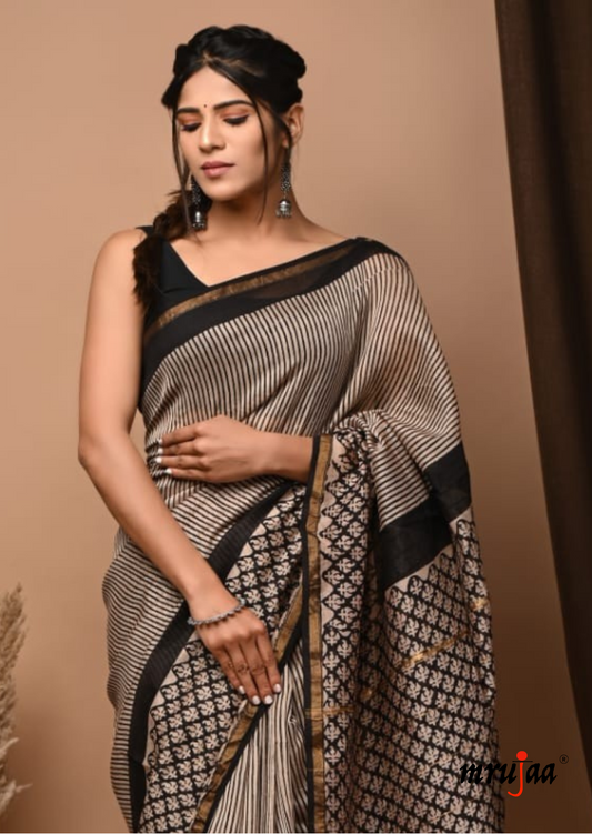 Chavi - Chanderi Cotton Silk Saree- Black and White Stripe