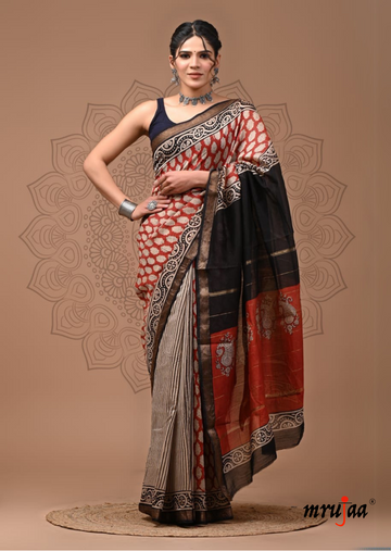 Chavi - Chanderi Cotton Silk Saree- Black And Red