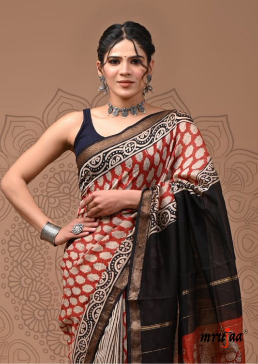Chavi - Chanderi Cotton Silk Saree- Black And Red