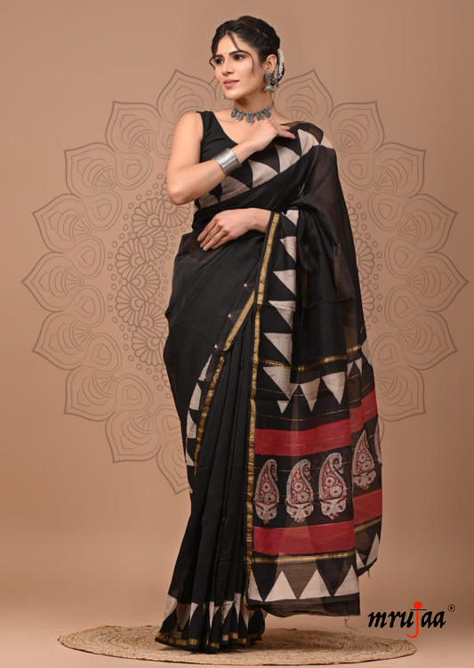 Chavi - Chanderi Cotton Silk Saree- Black with White Block Print