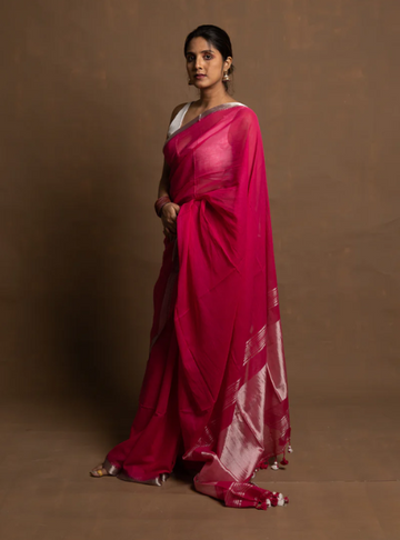 Handwoven Mulmul Saree with Tissue Palla & Silver Zari Border-PInk