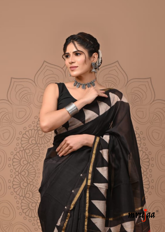 Chavi - Chanderi Cotton Silk Saree- Black with White Block Print