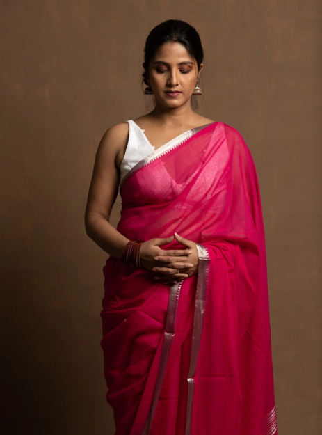 Handwoven Mulmul Saree with Tissue Palla & Silver Zari Border-PInk