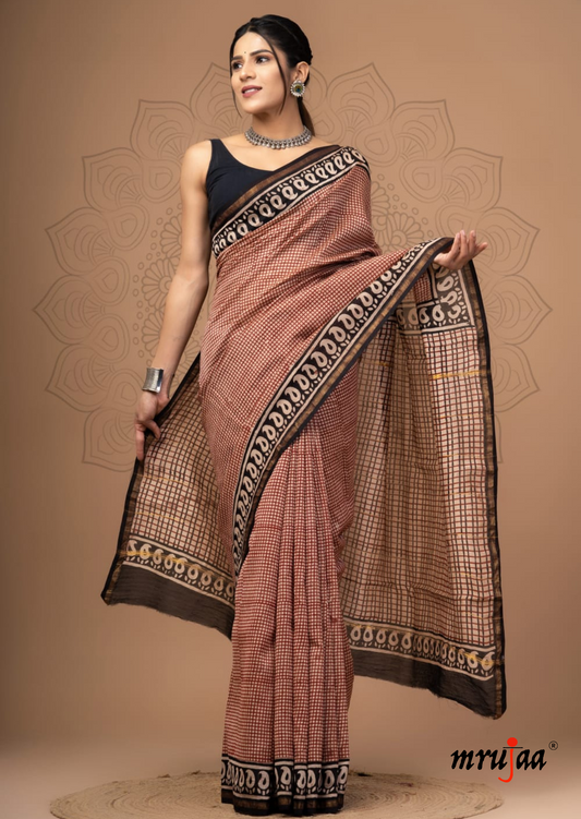 Chavi - Chanderi Cotton Silk Saree- Red Stripes and Black Black Border