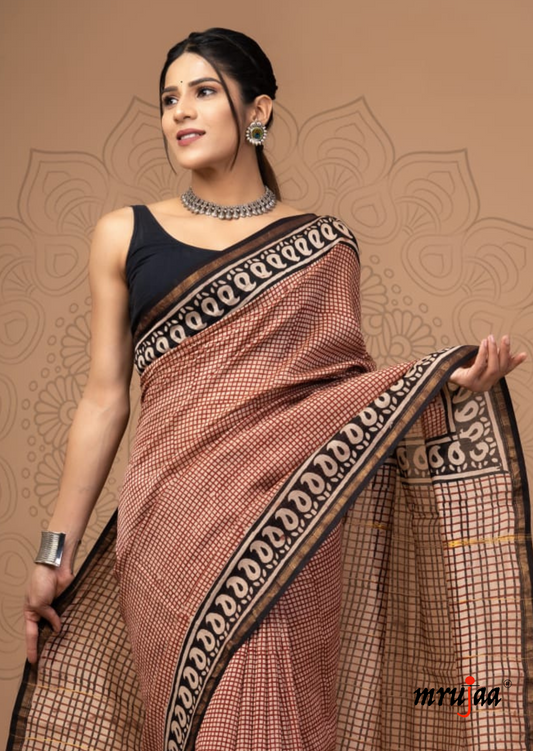 Chavi - Chanderi Cotton Silk Saree- Red Stripes and Black Black Border