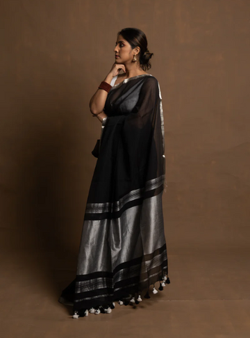 Handwoven Mulmul Saree with Tissue Palla & Silver Zari Border-Black