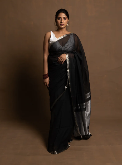 Handwoven Mulmul Saree with Tissue Palla & Silver Zari Border-Black