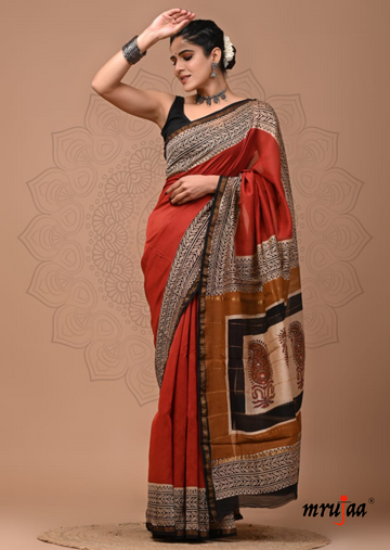 Chavi - Chanderi Cotton Silk Saree-  Red with Block Print Border