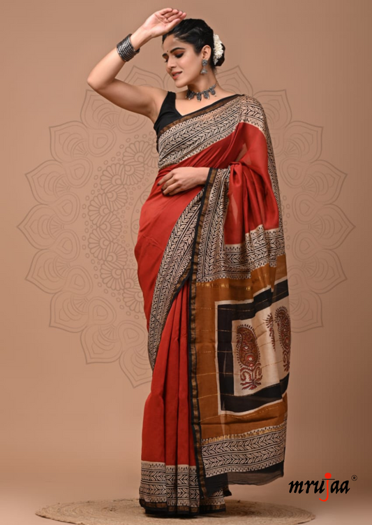 Chavi - Chanderi Cotton Silk Saree-  Red with Block Print Border