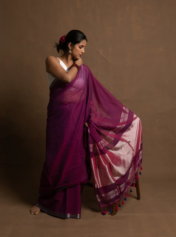 Handwoven Mulmul Saree with Tissue Palla & Silver Zari Border- Wine