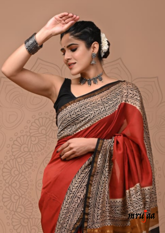Chavi - Chanderi Cotton Silk Saree-  Red with Block Print Border