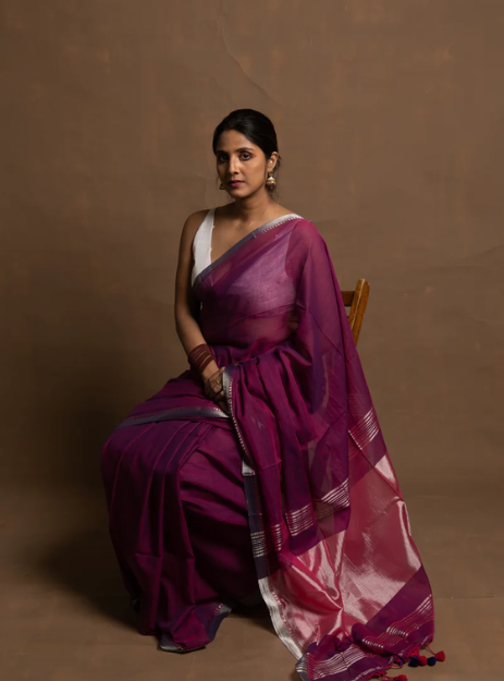 Handwoven Mulmul Saree with Tissue Palla & Silver Zari Border- Wine