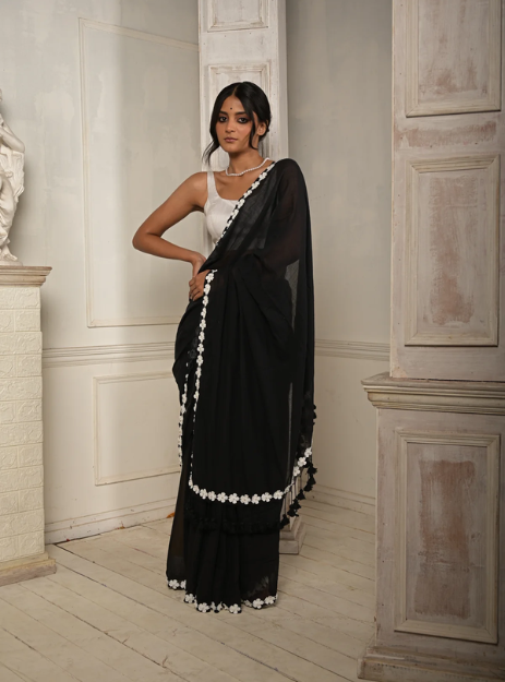 Delicate Charm: Handwoven Mulmul with Floral Lace Border- Black