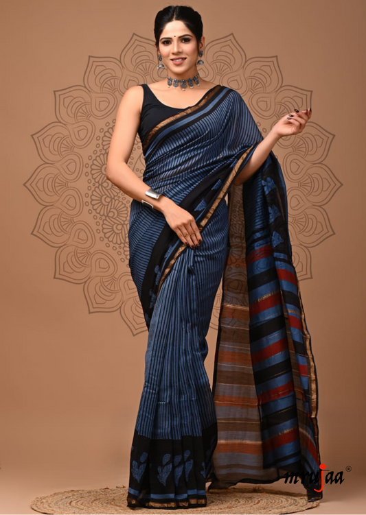 Chavi - Chanderi Cotton Silk Saree-  Midnight Blue