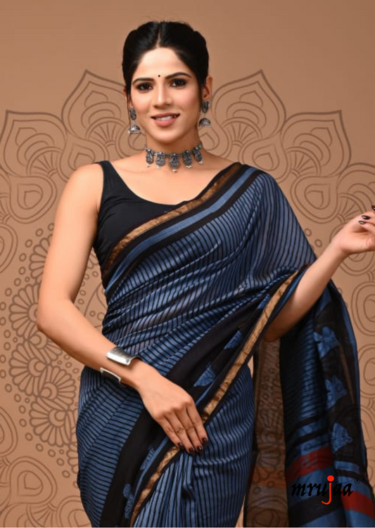 Chavi - Chanderi Cotton Silk Saree-  Midnight Blue