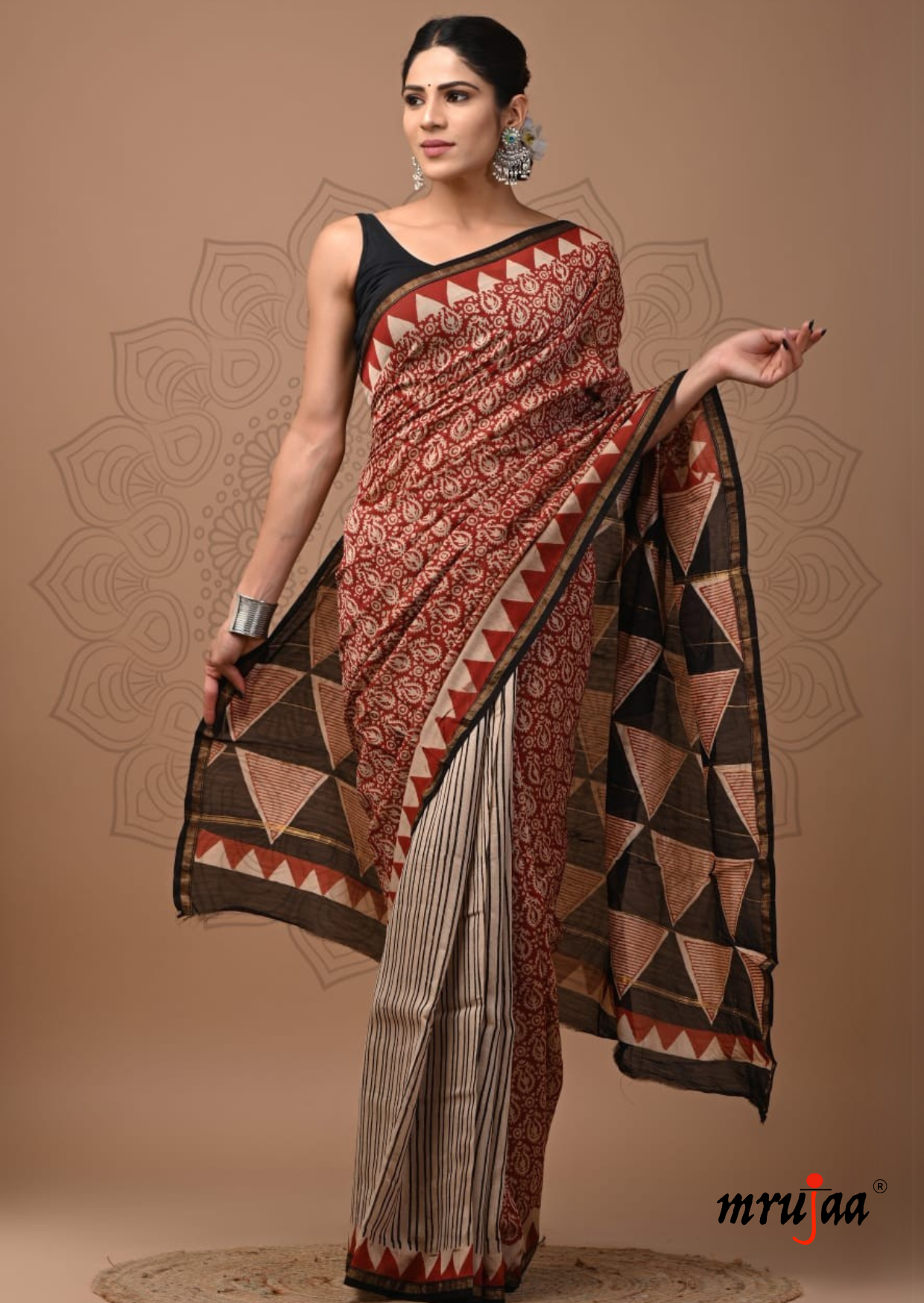 Chavi - Chanderi Cotton Silk Saree-  Red Motif and Black Stripes