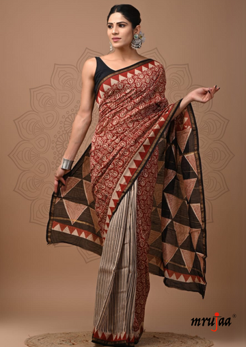 Chavi - Chanderi Cotton Silk Saree-  Red Motif and Black Stripes