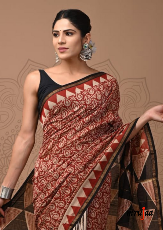 Chavi - Chanderi Cotton Silk Saree-  Red Motif and Black Stripes