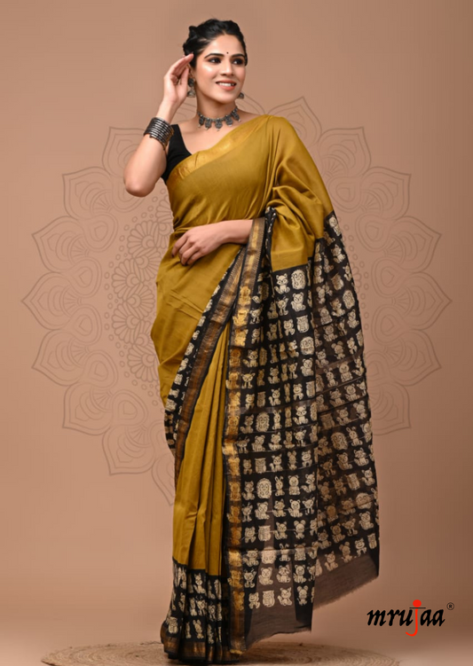 Eesha - Maheshwari Cotton Silk Saree - Mustard and Black