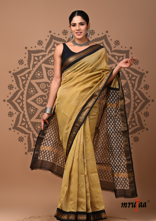 Eesha - Maheshwari Cotton Silk Saree - Okhra Yellow and Black