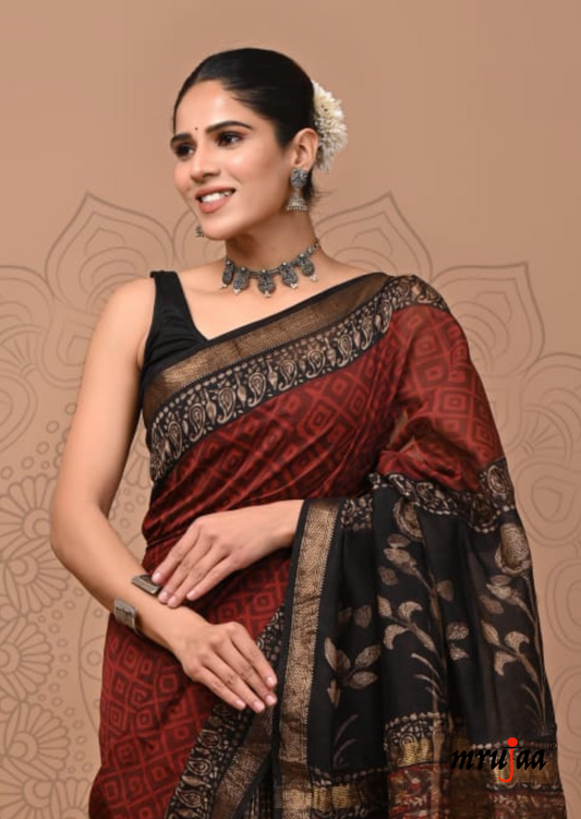 Eesha - Maheshwari Cotton Silk Saree - Maroon Black