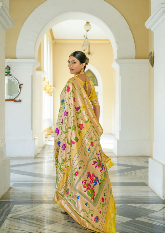 Paithani Silk Meenkari - Golden Yellow