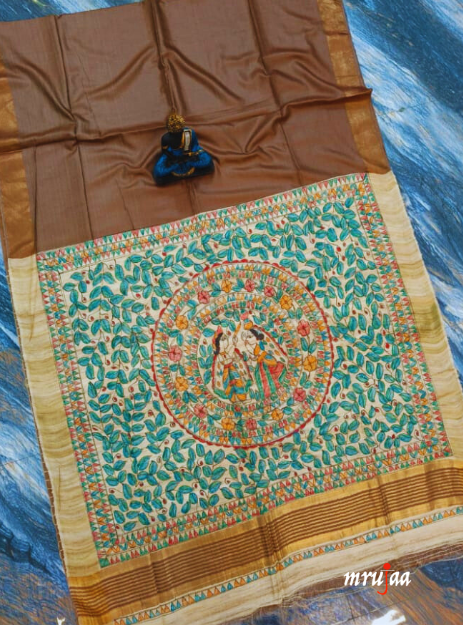 Vamika- Pure Tussar Silk Giccha Pallu Handpainted Madhubani Saree