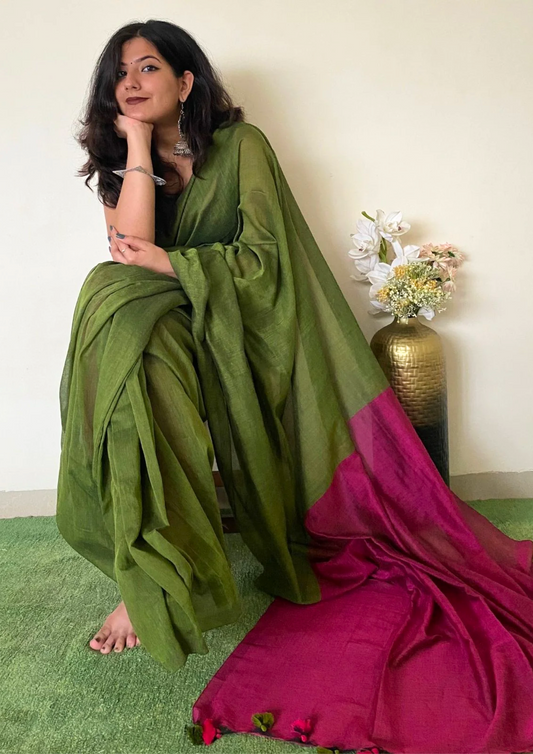 Handwoven Pure Khadi Cotton Silk Saree with Contrast Pallu _ Green with Pink