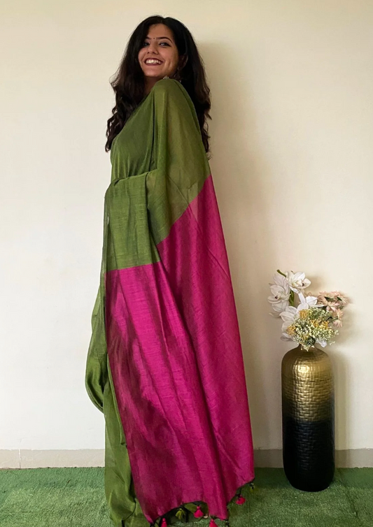 Handwoven Pure Khadi Cotton Silk Saree with Contrast Pallu _ Green with Pink