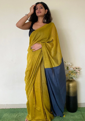 Handwoven Pure Khadi Cotton Silk Saree with Contrast Pallu _ Olive with Midnight blue