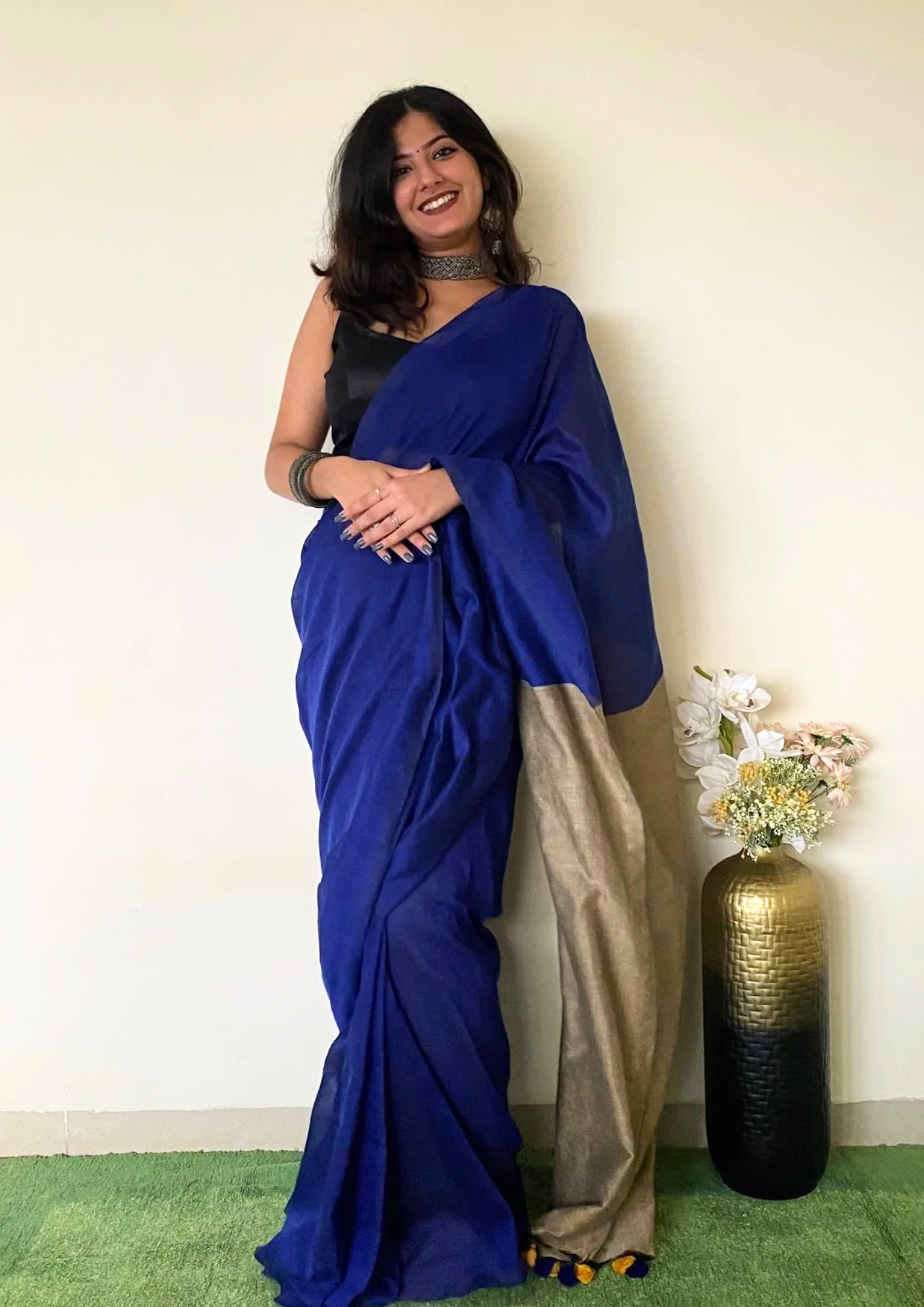 Copy of Handwoven Pure Khadi Cotton Silk Saree with Contrast Pallu _ Royal Blue with Beige