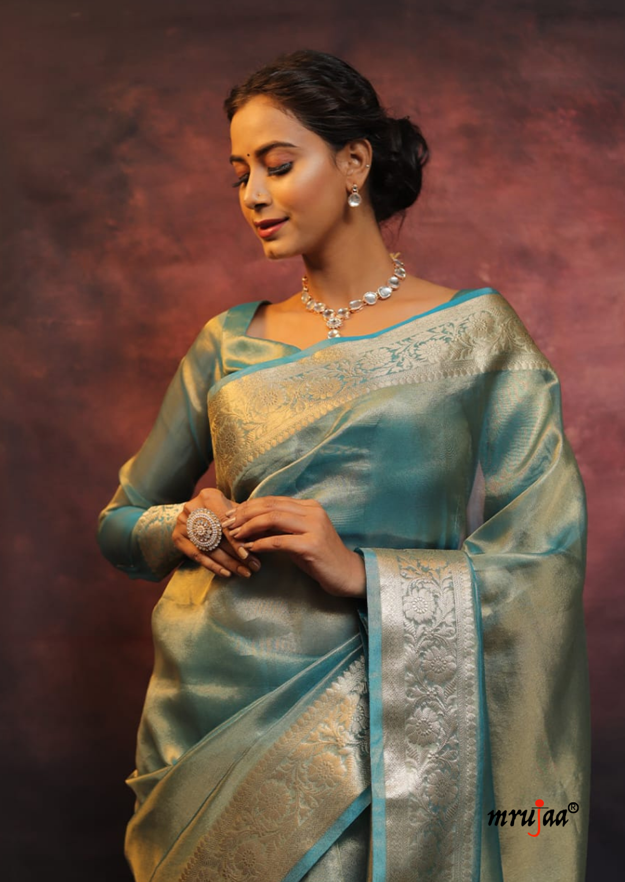 Banarsi Organza with Woven Zari Border - Firozi