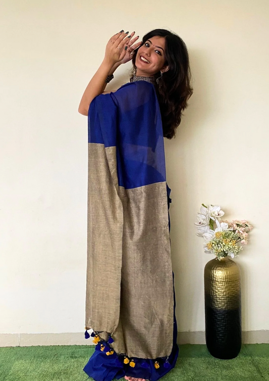 Copy of Handwoven Pure Khadi Cotton Silk Saree with Contrast Pallu _ Royal Blue with Beige