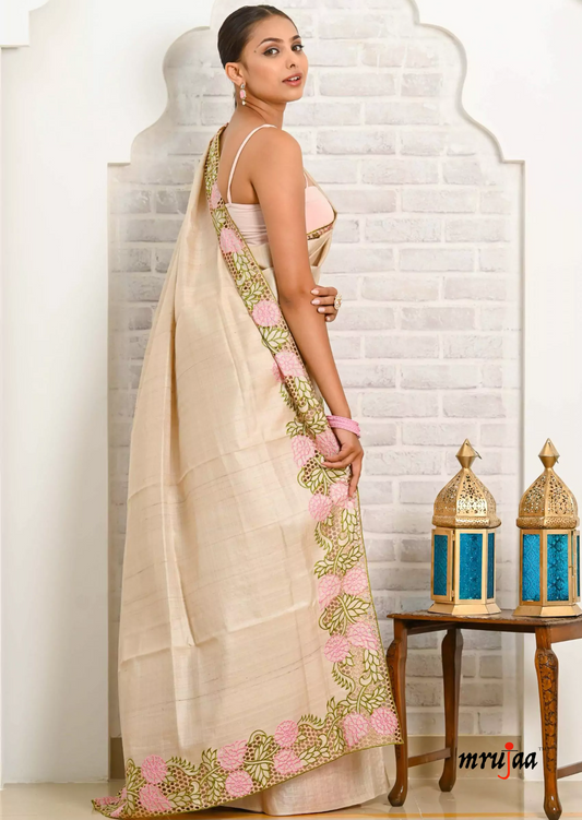 Pure Tussar Silk natural Beige Saree with Cutwork Embroidery