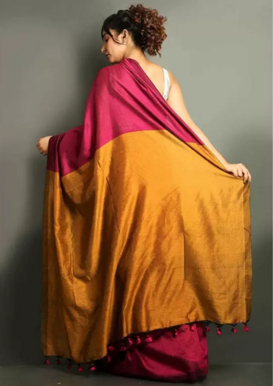 Handwoven Pure Khadi Cotton Silk Saree with Contrast Pallu _ Rani Pink with Mustard Yellow