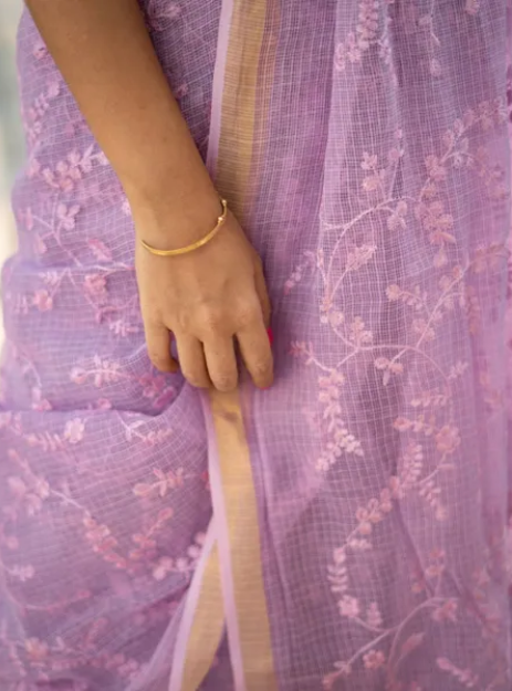 Lavender Elegance: Handwoven Kota Doria Silk Saree with Floral jaal