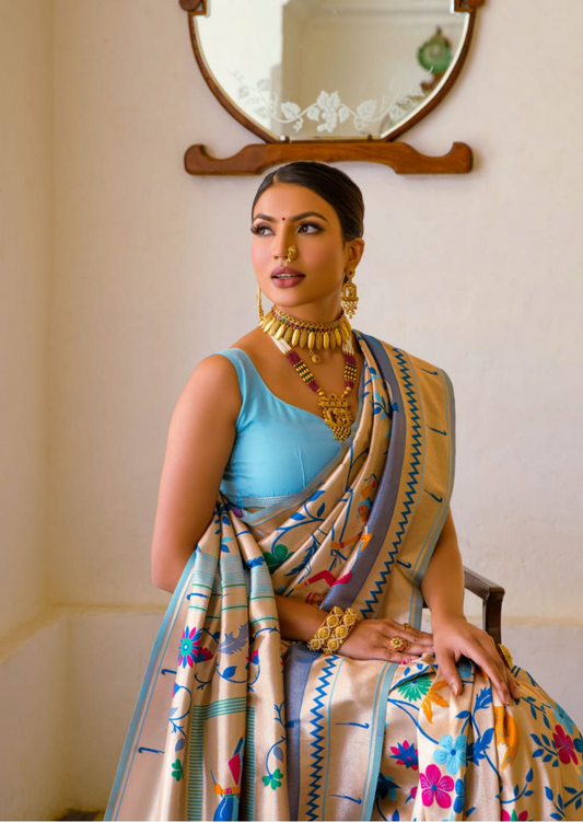 Paithani Silk Meenkari - Cyan