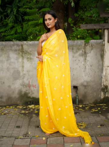 Parijaat- Handloom Khadi Cotton Saree with Parijaat Embroidery in Yellow