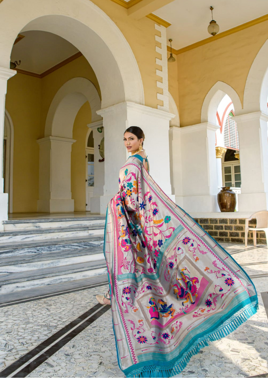 Paithani Silk Meenkari - Cyan