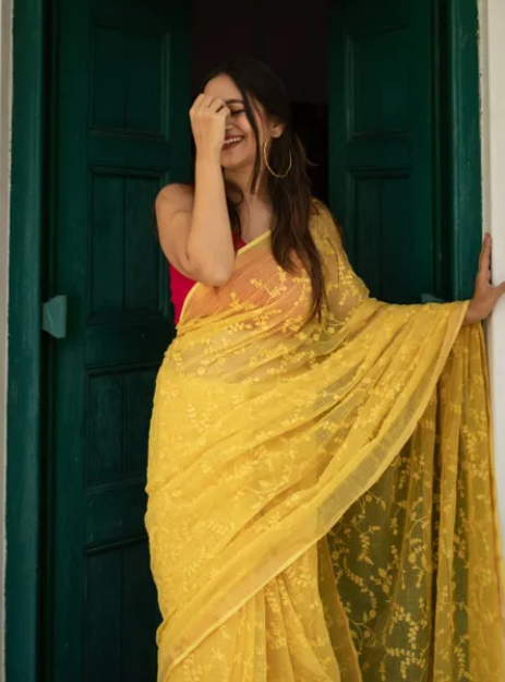 Sunkissed Yellow: Handwoven Kota Doria Silk Saree with Floral jaal