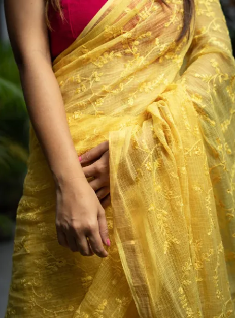 Sunkissed Yellow: Handwoven Kota Doria Silk Saree with Floral jaal