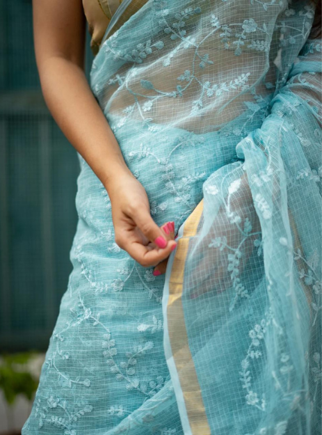 Heavenly Sky Blue Handwoven Kota Doria Silk Saree with Floral jaal