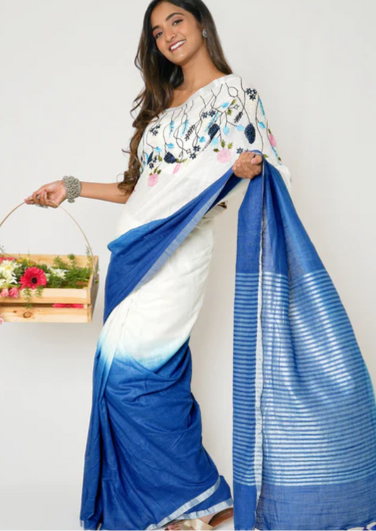 Handloom Pure Lenin Embroidered Saree- Paper & Ink Ombre