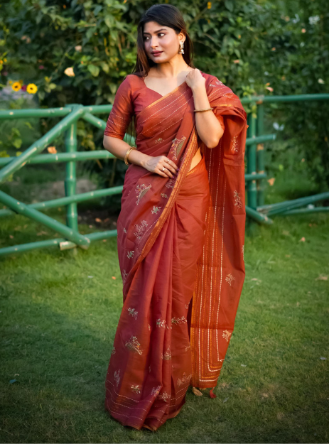 Khadi Cotton Silk Katha embroidered Saree- Kathai