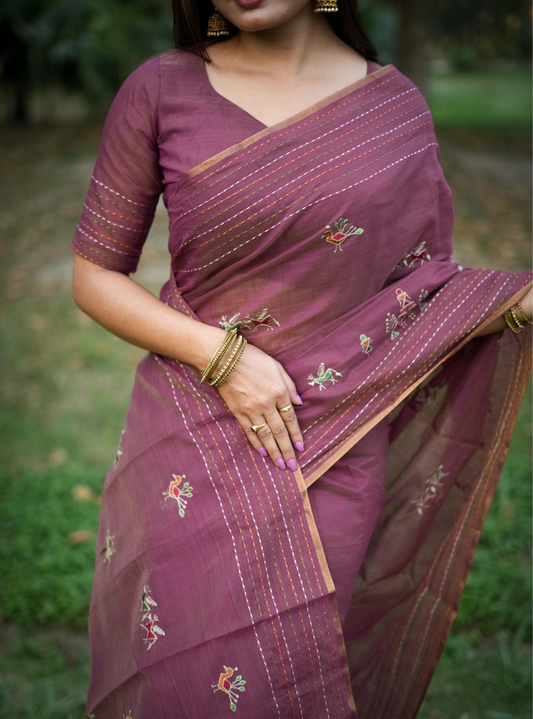 Khadi Cotton Silk Katha embroidered Saree - Mauve