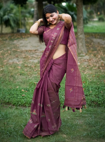 Khadi Cotton Silk Katha embroidered Saree - Mauve