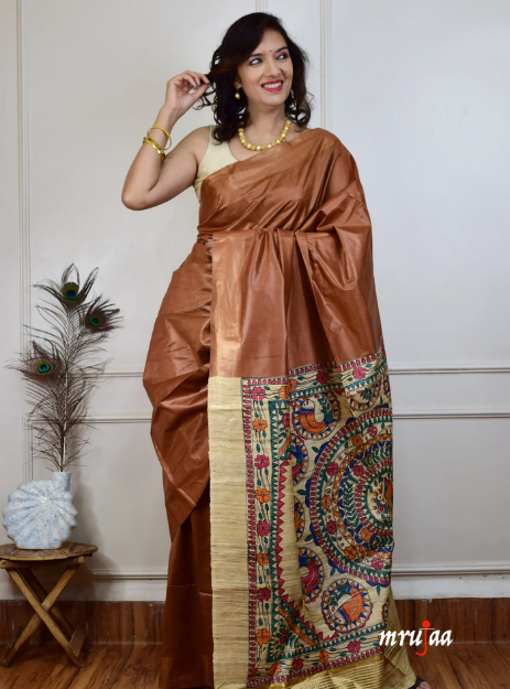 Vamika- Pure Tussar Silk Giccha Pallu Handpainted Madhubani Saree
